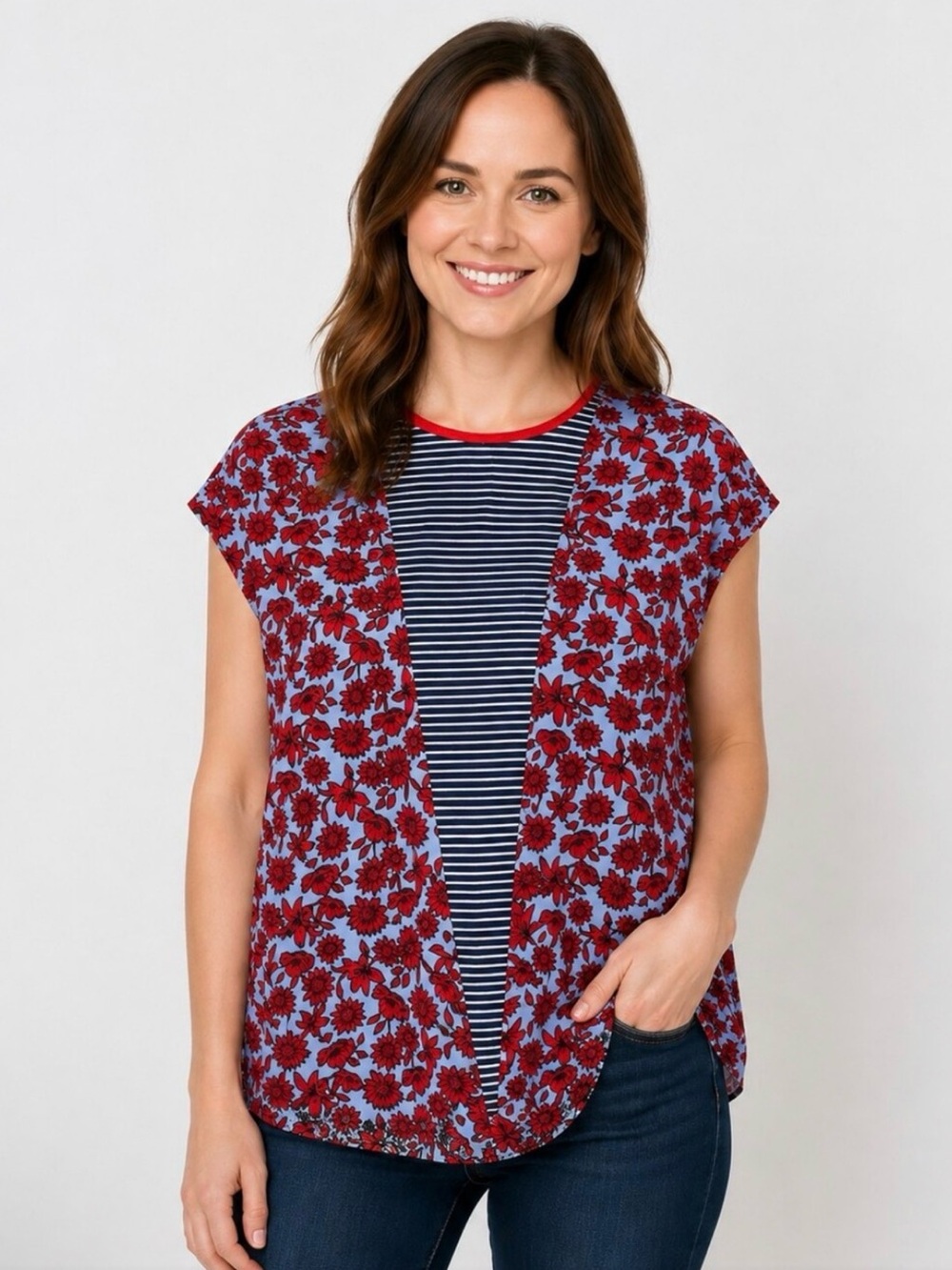 Dalia Floral Layered-Look Women's Top in Red and Blue